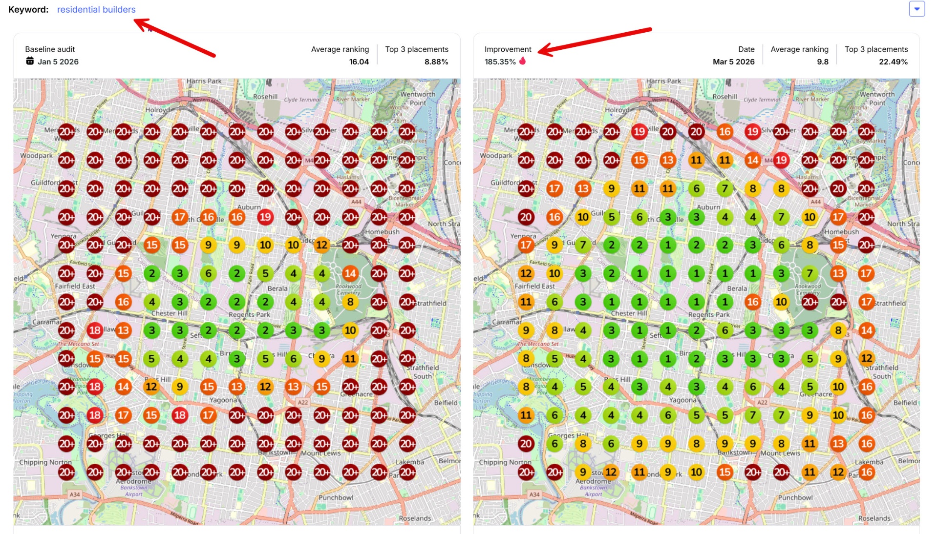 Residential builders SEO ranking improvement — 185% increase