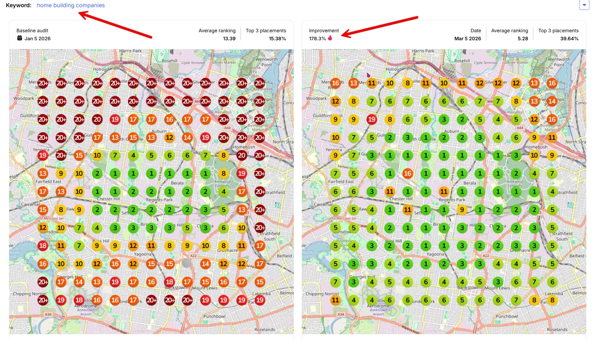 Home building companies SEO ranking improvement — 178% increase