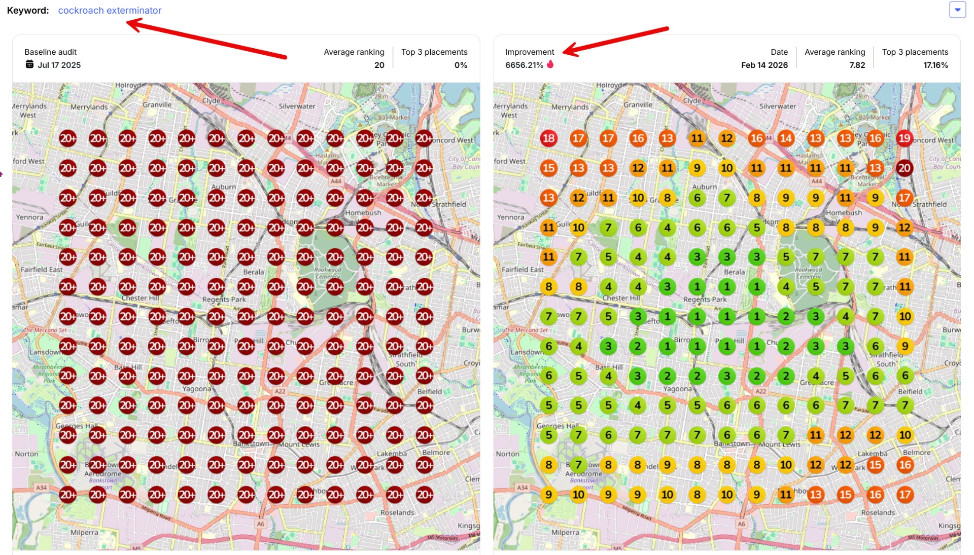 Cockroach exterminator SEO ranking — 6,656% improvement
